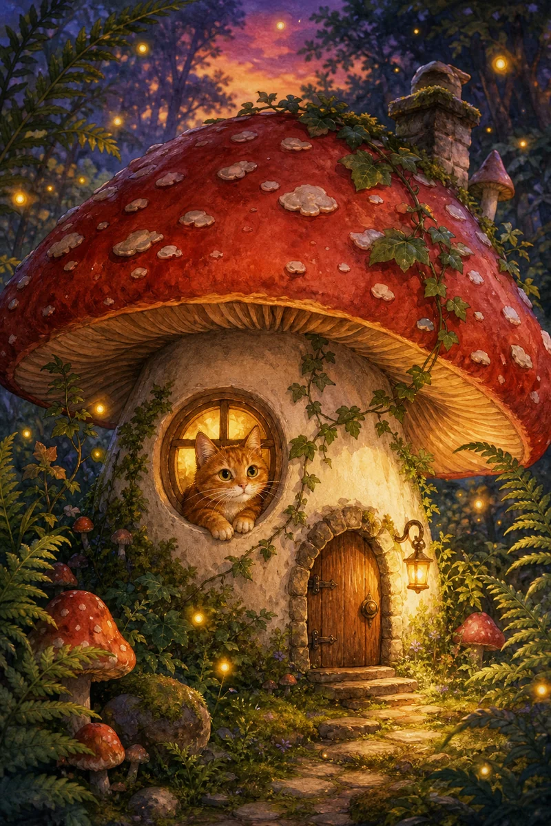 Mushroom Cottage AI pet portrait style sample